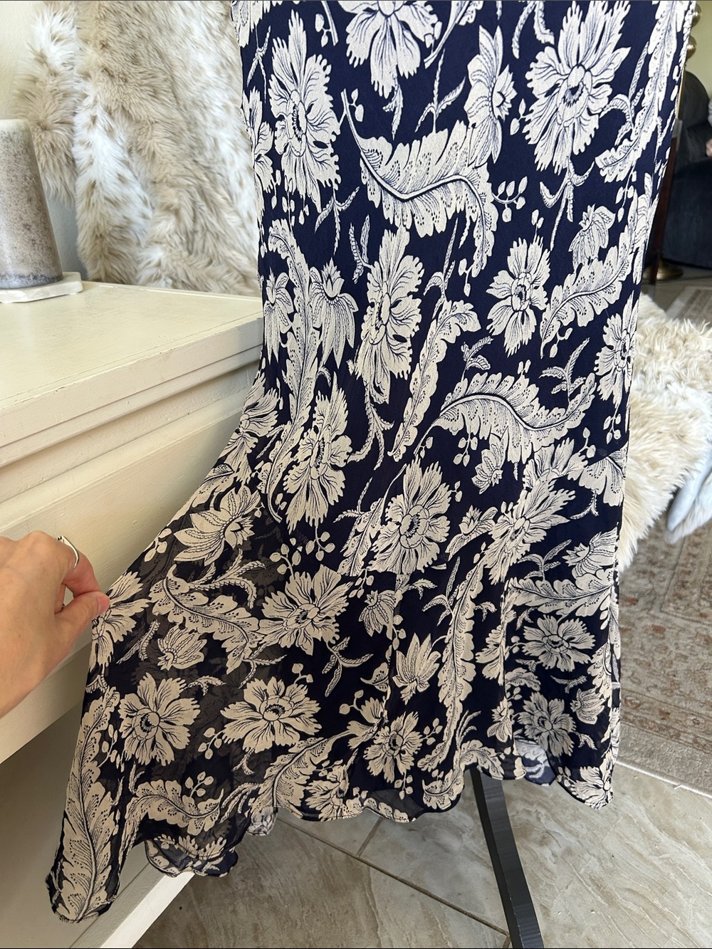 Ralph Lauren Vtg navy beige boho western country floral pull on midi skirt 10 L - Picture 3 of 13
